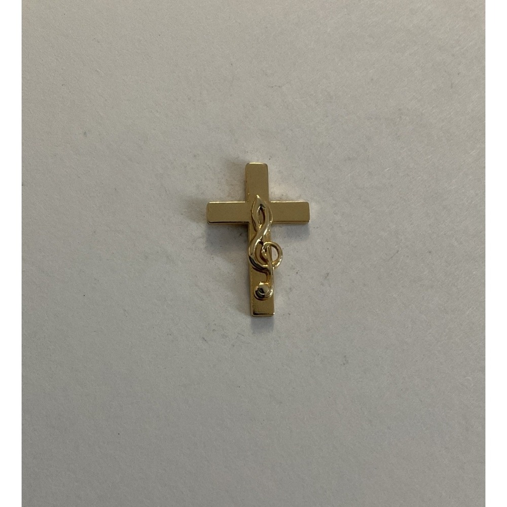 Religious Pin Cross w Music Note Treble Cleft Christian Lapel Brooch Pinback